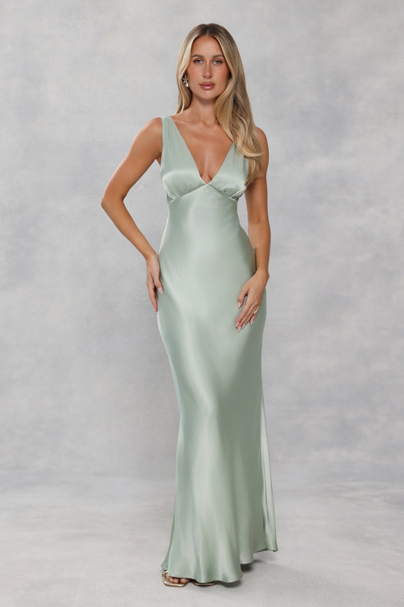 The Isabeau Satin Maxi Dress Sage Green