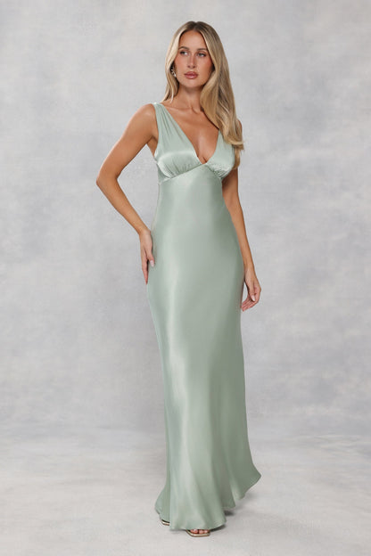 The Isabeau Satin Maxi Dress Sage Green