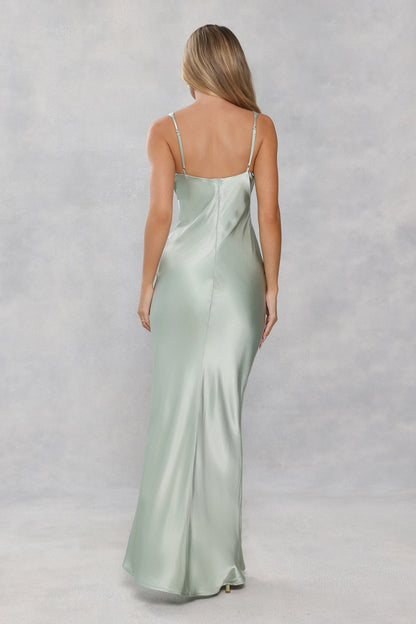 The Isabeau Satin Maxi Dress Sage Green