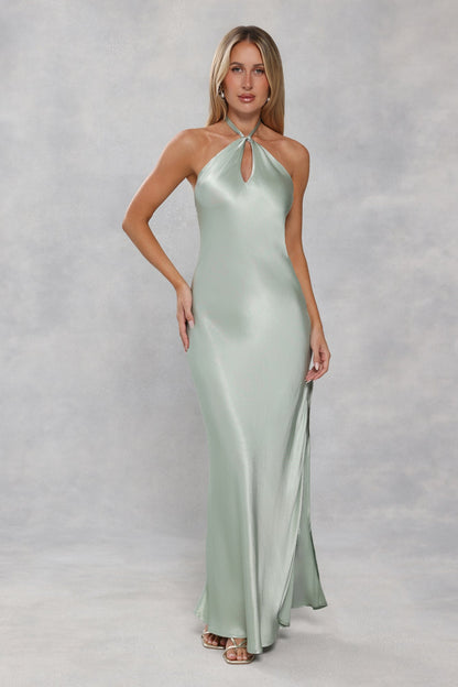 The Delilah Satin Halter Maxi Dress Sage Green
