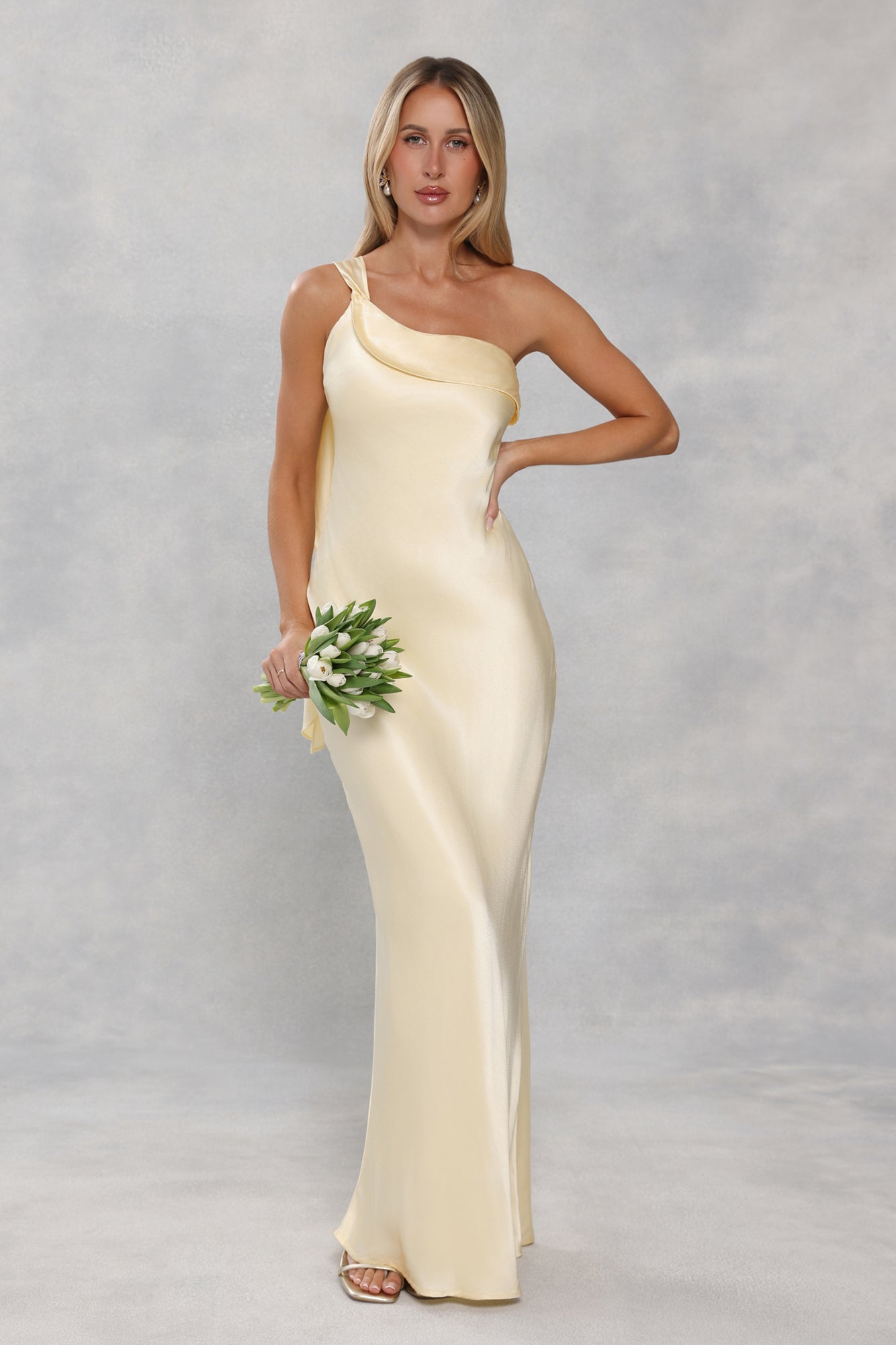The Zafira One Shoulder Satin Maxi Dress Yellow