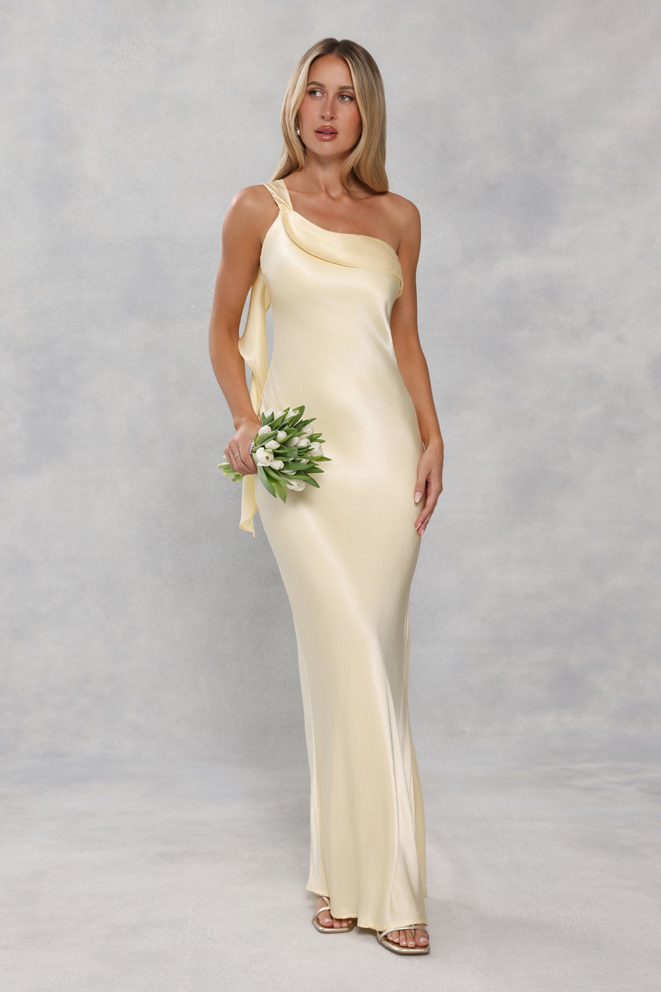 The Zafira One Shoulder Satin Maxi Dress Yellow
