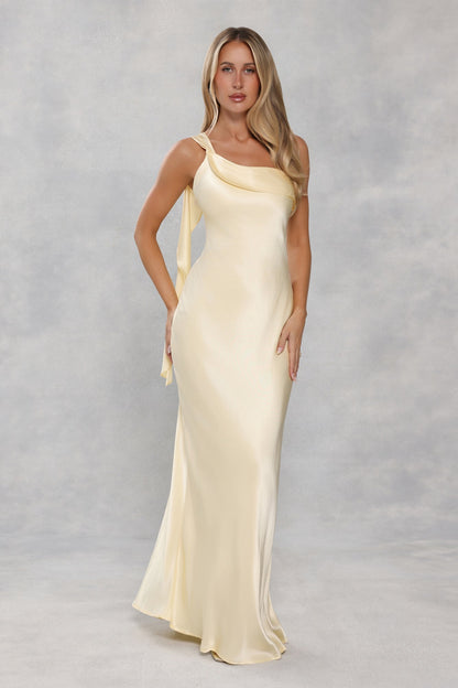 The Zafira One Shoulder Satin Maxi Dress Yellow