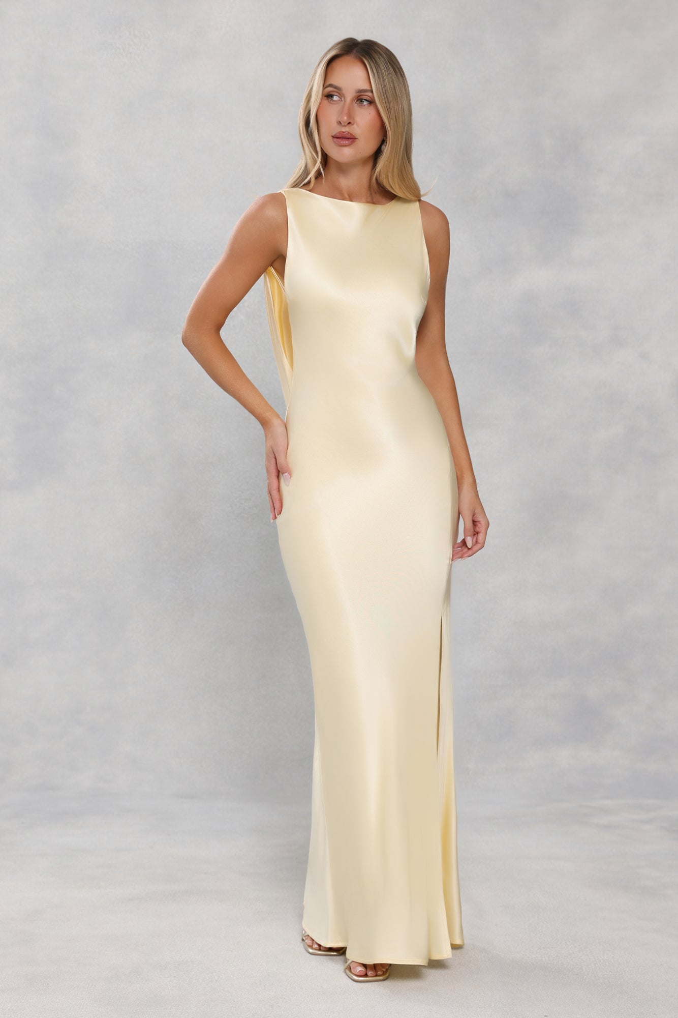 The Blaire Backless Satin Maxi Dress Yellow