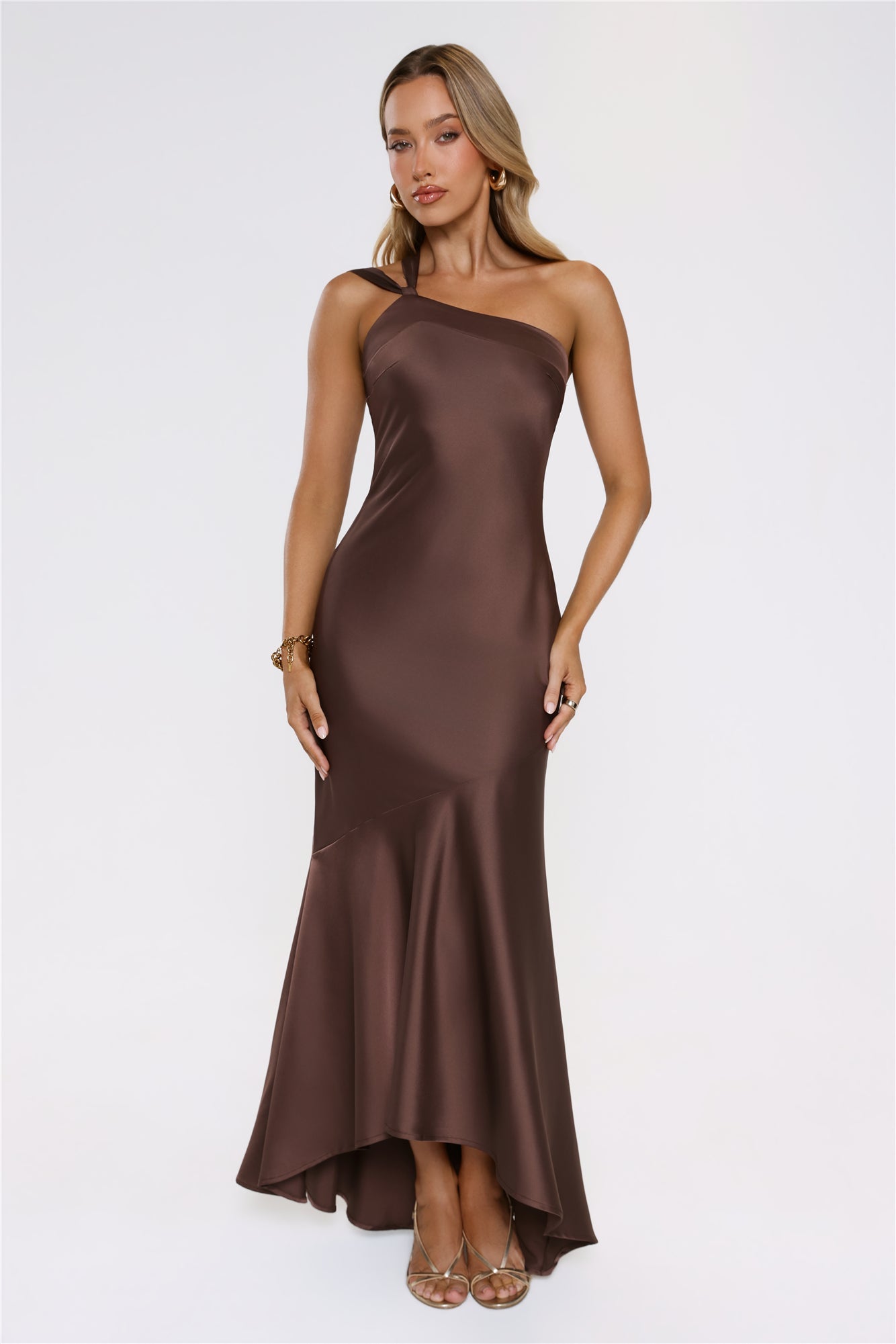 Romantic Affair Satin One Shoulder Maxi Dress Brown