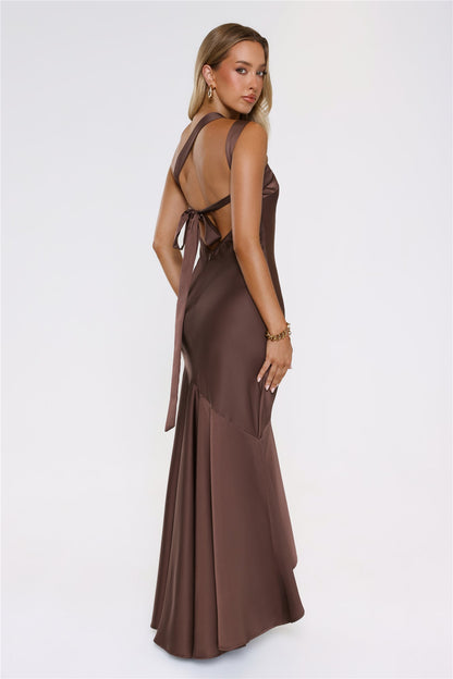 Romantic Affair Satin One Shoulder Maxi Dress Brown