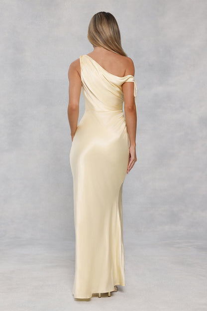 The Clover Off Shoulder Satin Maxi Dress Yellow