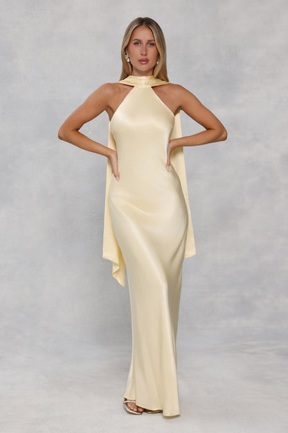 The Vivia Halter Satin Maxi Dress Yellow