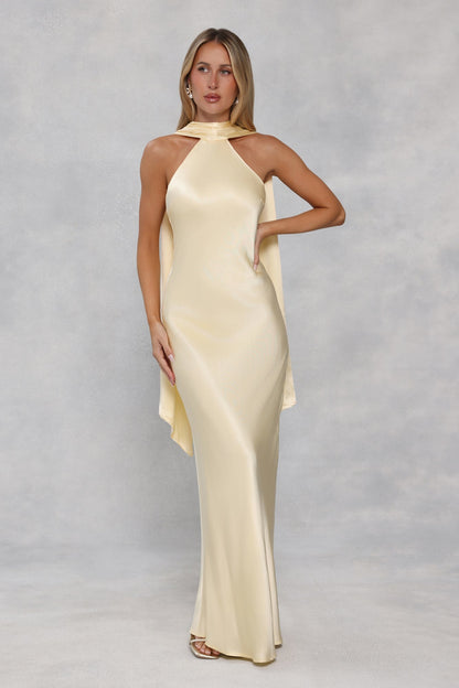 The Vivia Halter Satin Maxi Dress Yellow