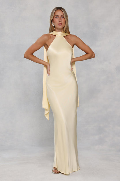 The Vivia Halter Satin Maxi Dress Yellow