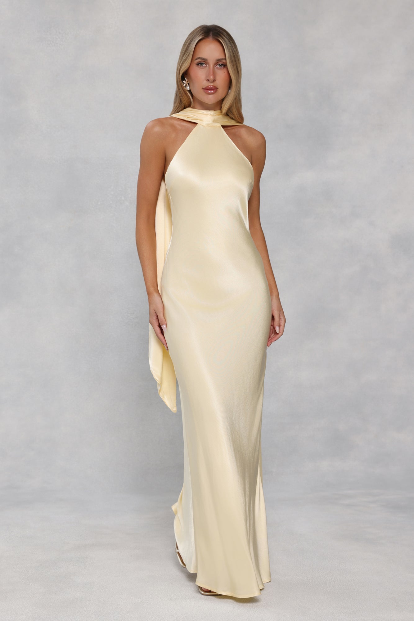 The Vivia Halter Satin Maxi Dress Yellow
