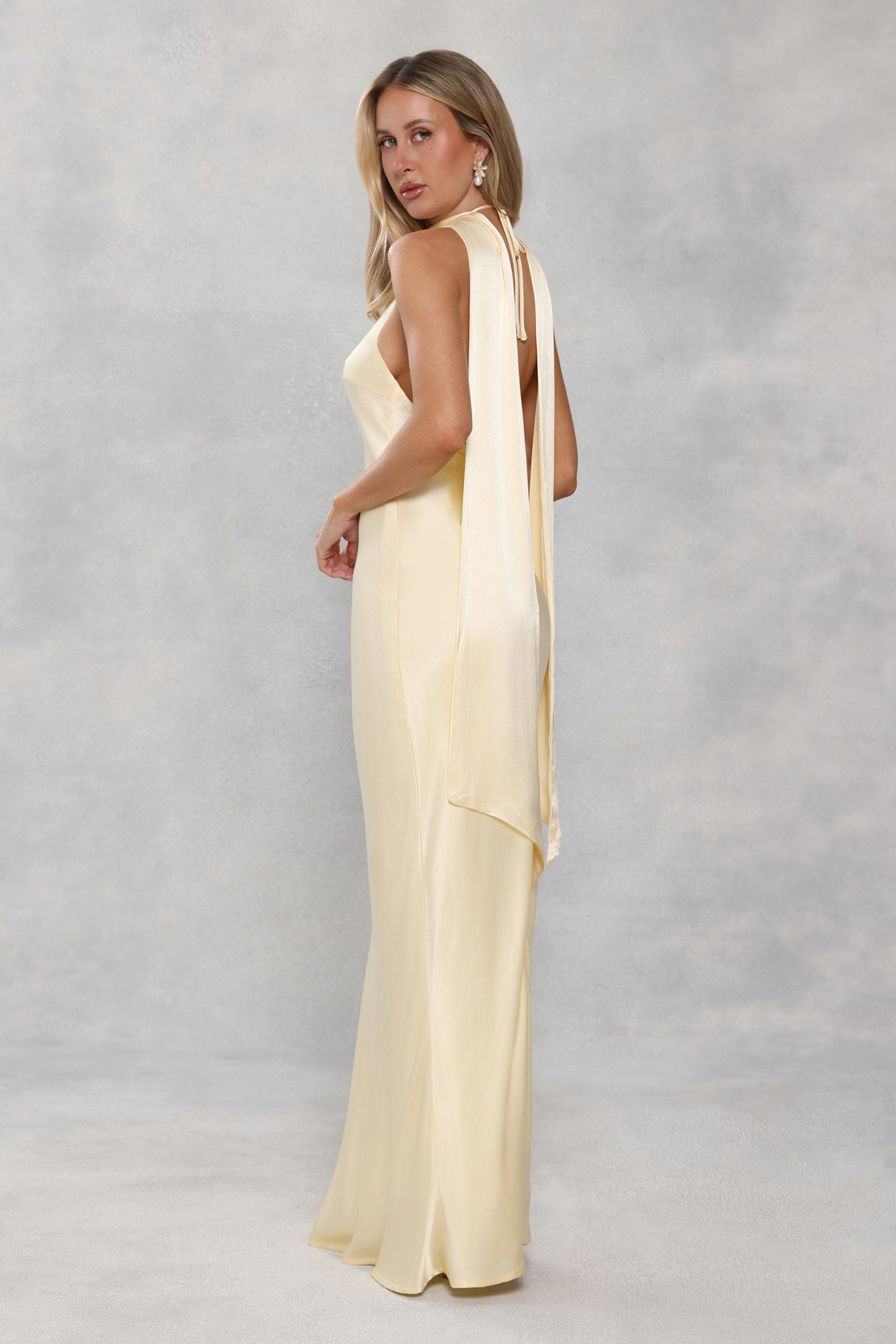 The Vivia Halter Satin Maxi Dress Yellow