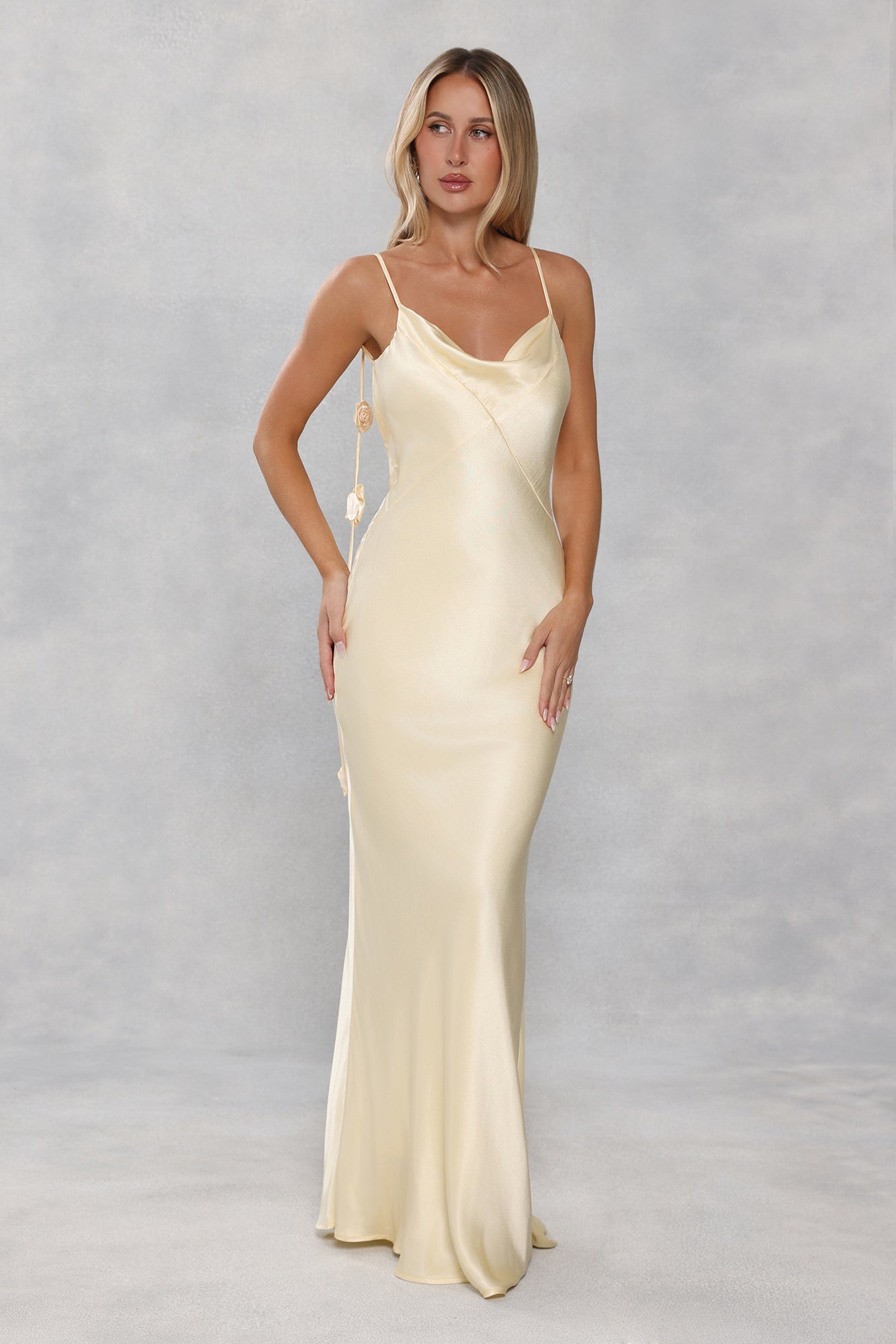 The Flora Satin Maxi Dress Yellow