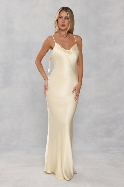 The Flora Satin Maxi Dress Yellow