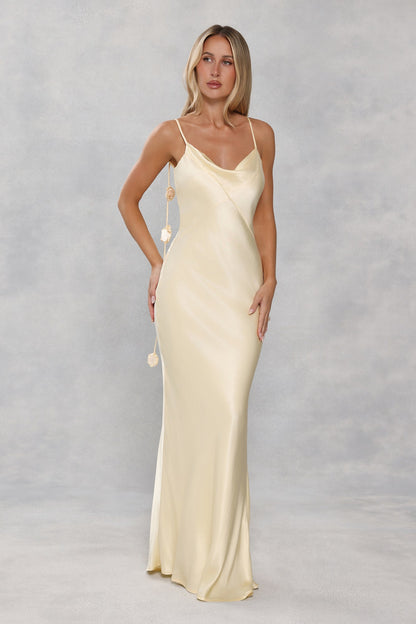 The Flora Satin Maxi Dress Yellow