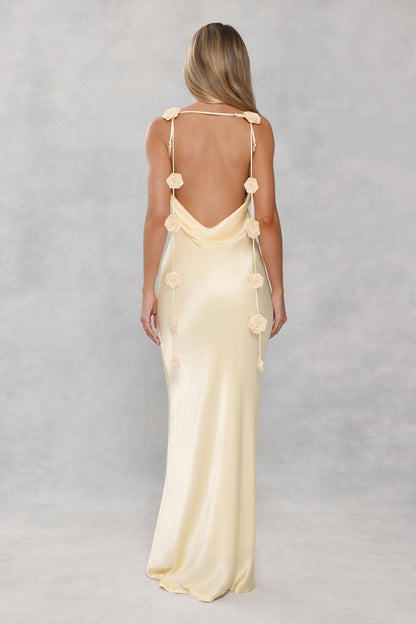 The Flora Satin Maxi Dress Yellow