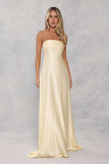 The Serina Strapless Satin Maxi Dress Yellow