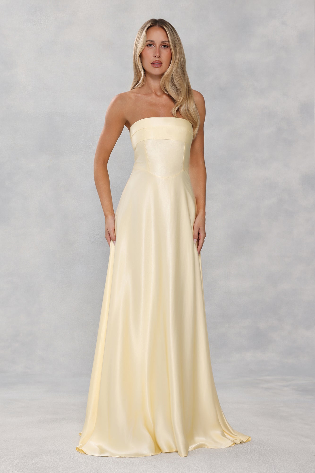 The Serina Strapless Satin Maxi Dress Yellow