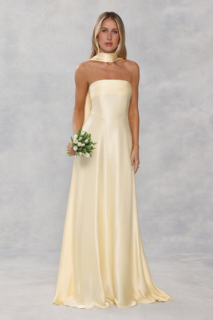 The Serina Strapless Satin Maxi Dress Yellow