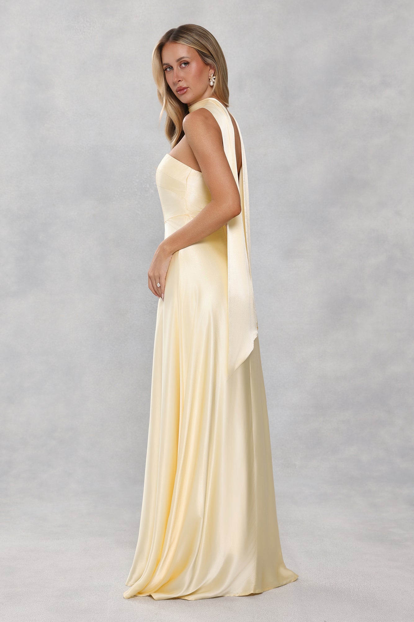 The Serina Strapless Satin Maxi Dress Yellow