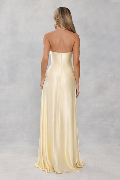 The Serina Strapless Satin Maxi Dress Yellow