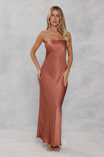 The Felicity Strapless Satin Maxi Dress Bronze