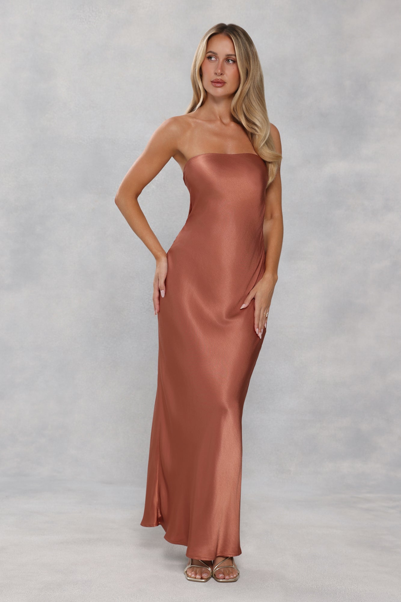 The Felicity Strapless Satin Maxi Dress Bronze