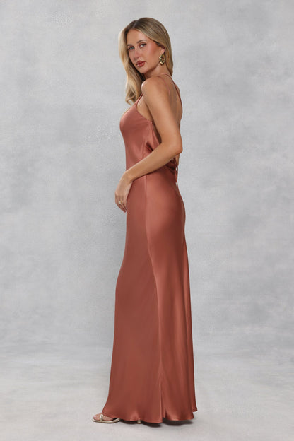 The Evangeline One Shoulder Satin Maxi Dress Bronze