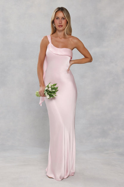 The Zafira One Shoulder Satin Maxi Dress Light Pink