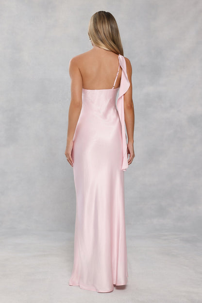 The Zafira One Shoulder Satin Maxi Dress Light Pink