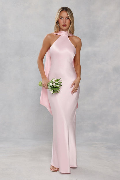The Vivia Halter Satin Maxi Dress Light Pink
