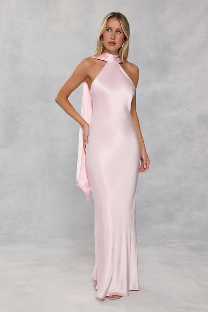 The Vivia Halter Satin Maxi Dress Light Pink