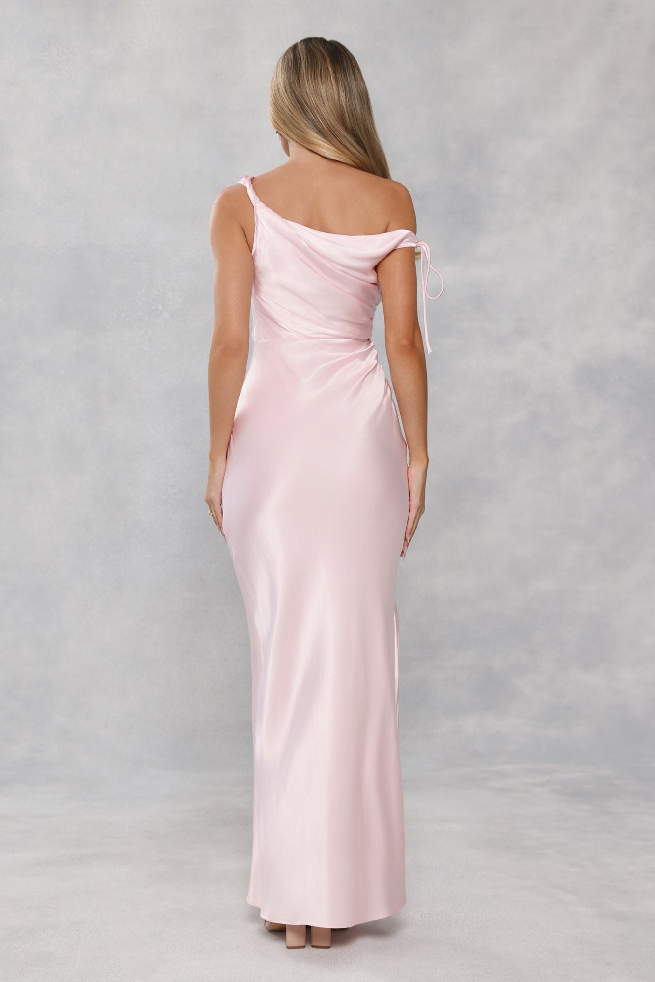 The Clover Off Shoulder Satin Maxi Dress Light Pink