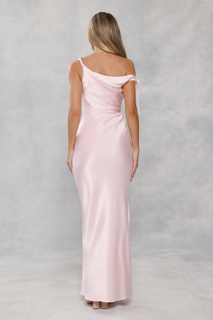 The Clover Off Shoulder Satin Maxi Dress Light Pink