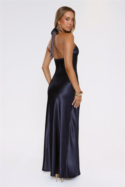 Sleek Halter Neck Cutout Satin Maxi Dress Navy