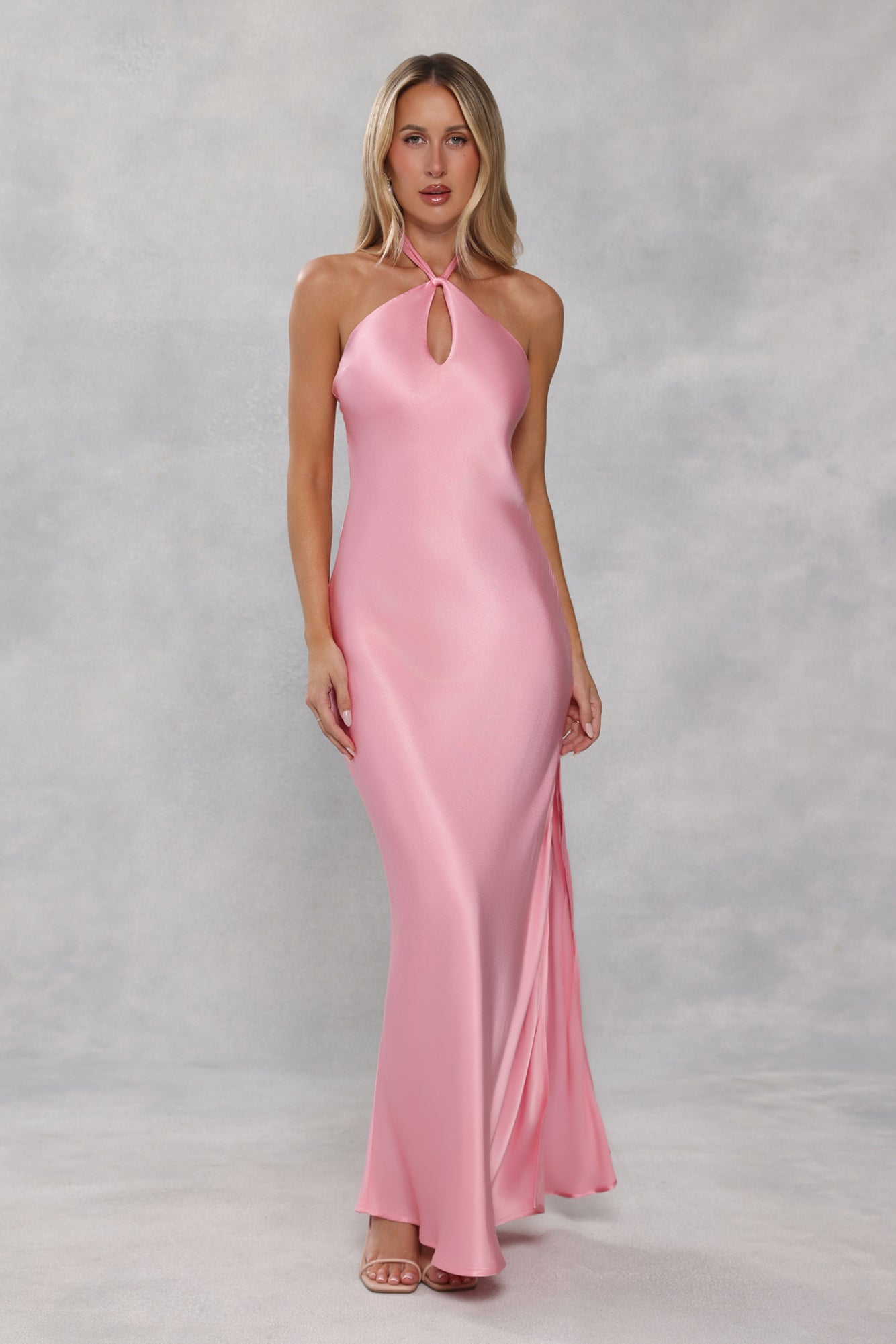 The Delilah Satin Halter Maxi Dress Candy Pink