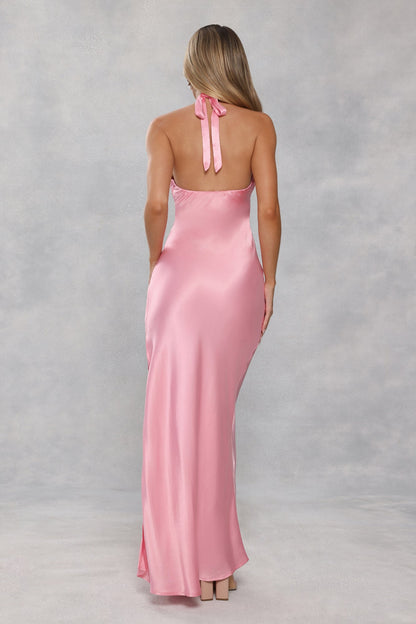 The Delilah Satin Halter Maxi Dress Candy Pink