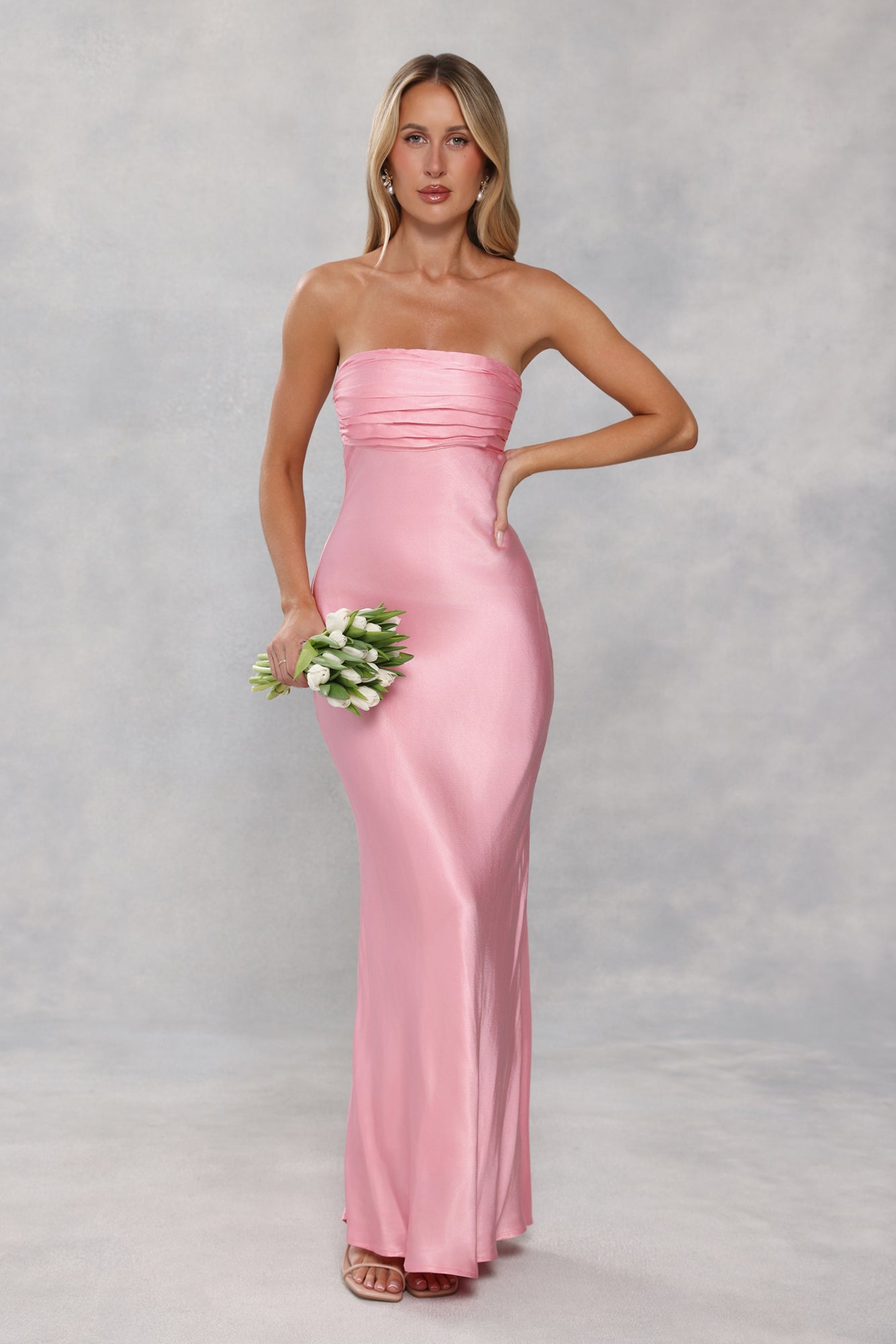 The Seraphina Strapless Satin Maxi Dress Candy Pink