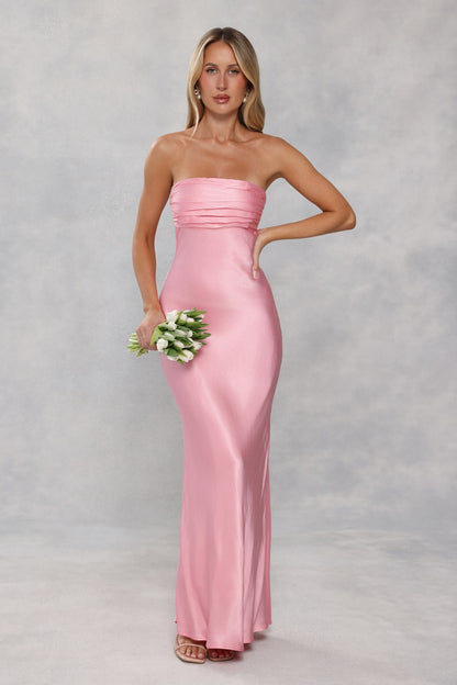 The Seraphina Strapless Satin Maxi Dress Candy Pink