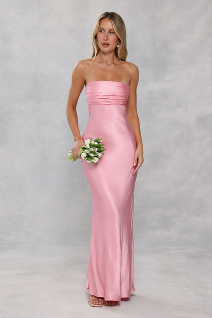 The Seraphina Strapless Satin Maxi Dress Candy Pink