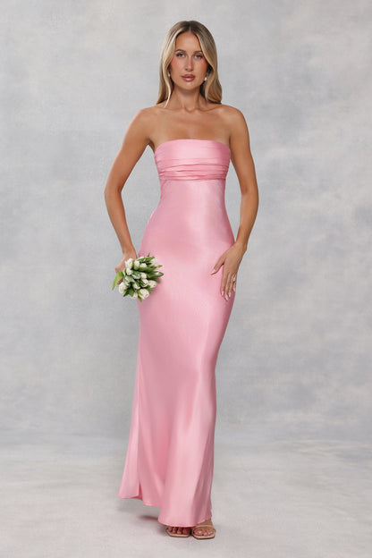 The Seraphina Strapless Satin Maxi Dress Candy Pink