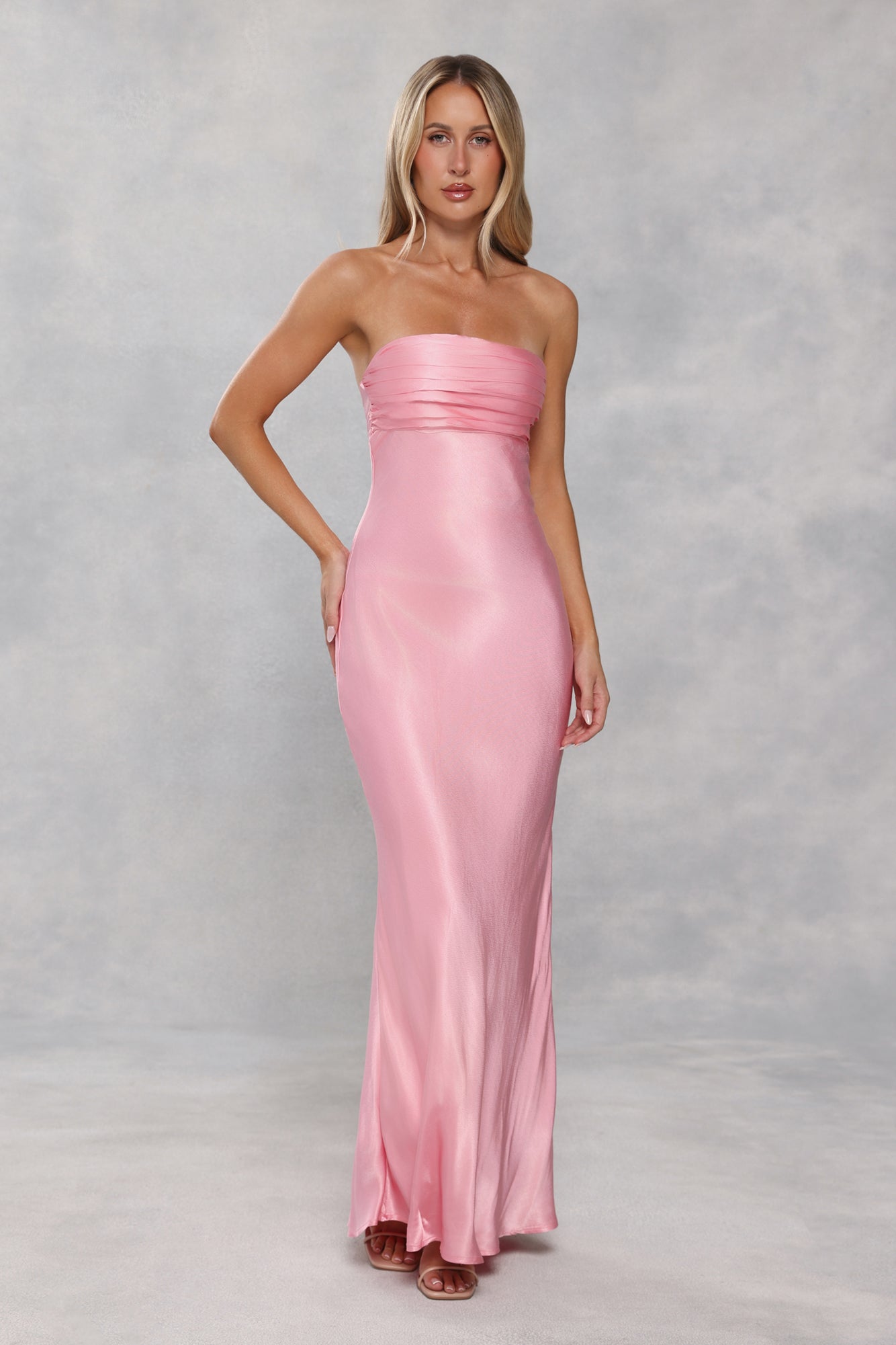 The Seraphina Strapless Satin Maxi Dress Candy Pink