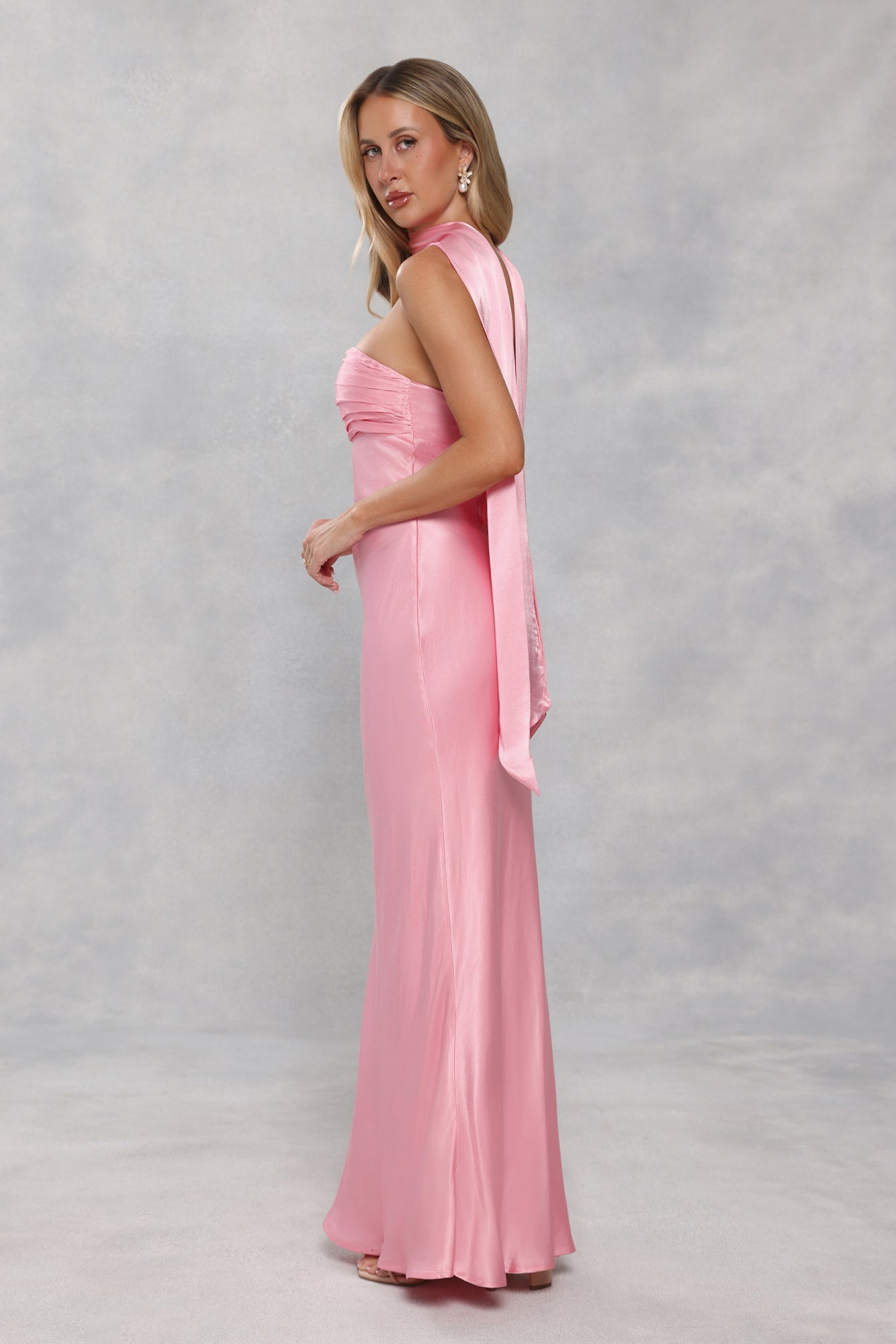 The Seraphina Strapless Satin Maxi Dress Candy Pink