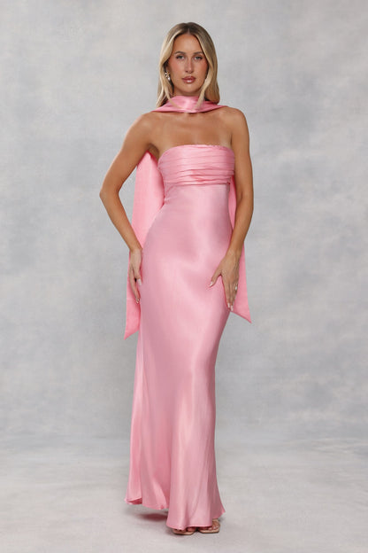 The Seraphina Strapless Satin Maxi Dress Candy Pink