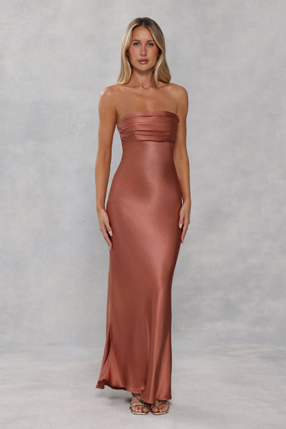 The Seraphina Strapless Satin Maxi Dress Bronze