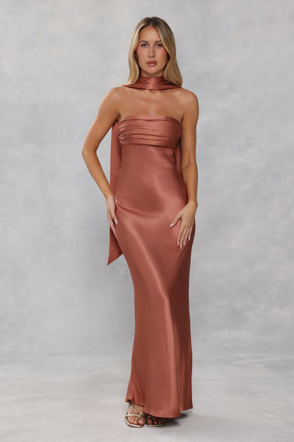 The Seraphina Strapless Satin Maxi Dress Bronze