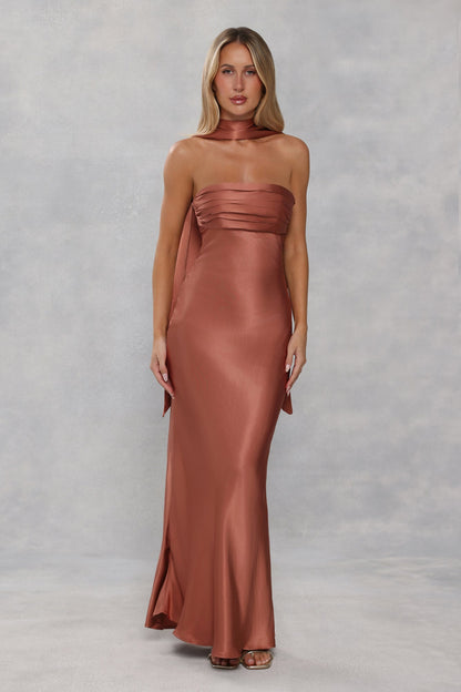 The Seraphina Strapless Satin Maxi Dress Bronze
