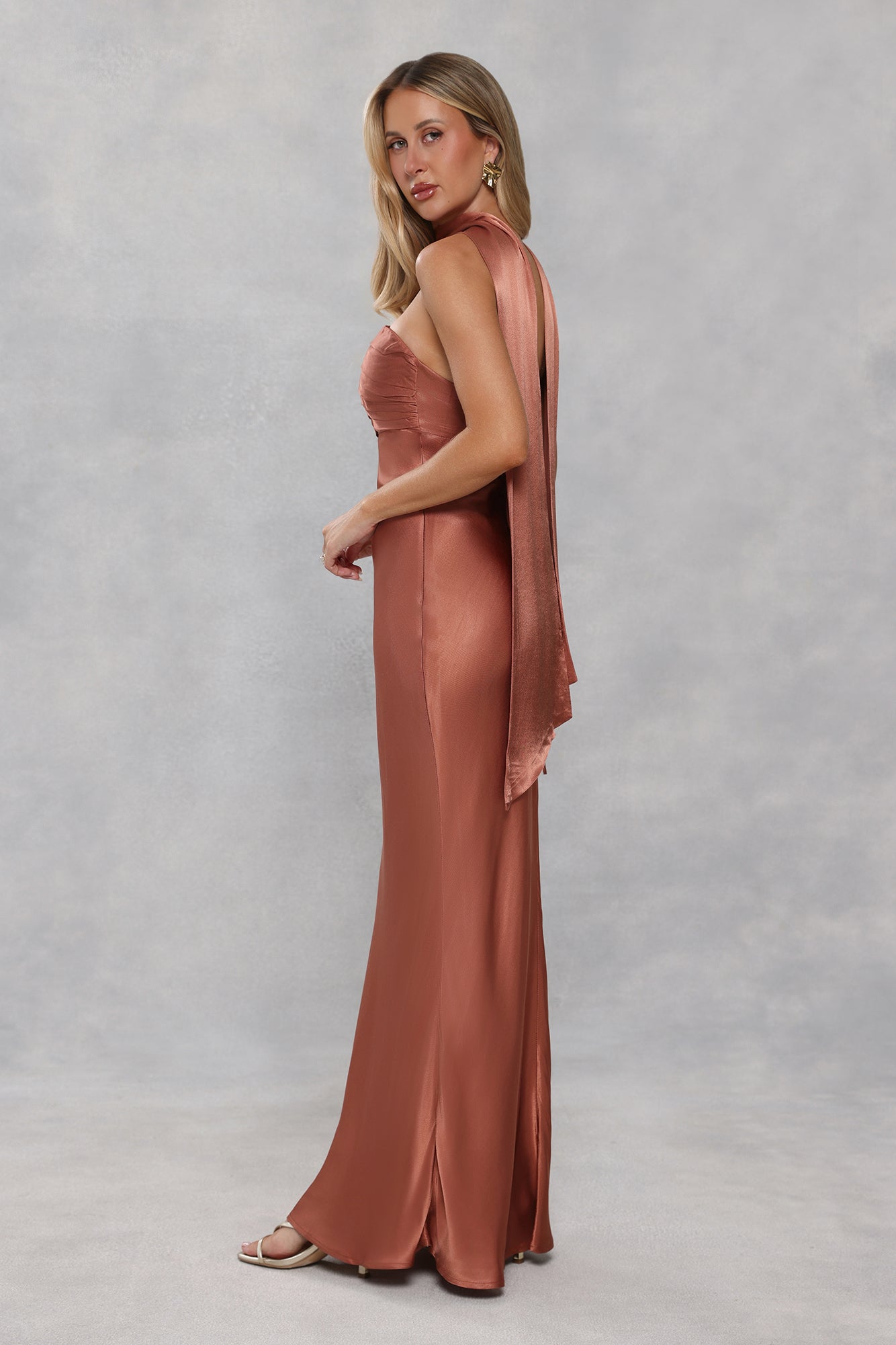 The Seraphina Strapless Satin Maxi Dress Bronze