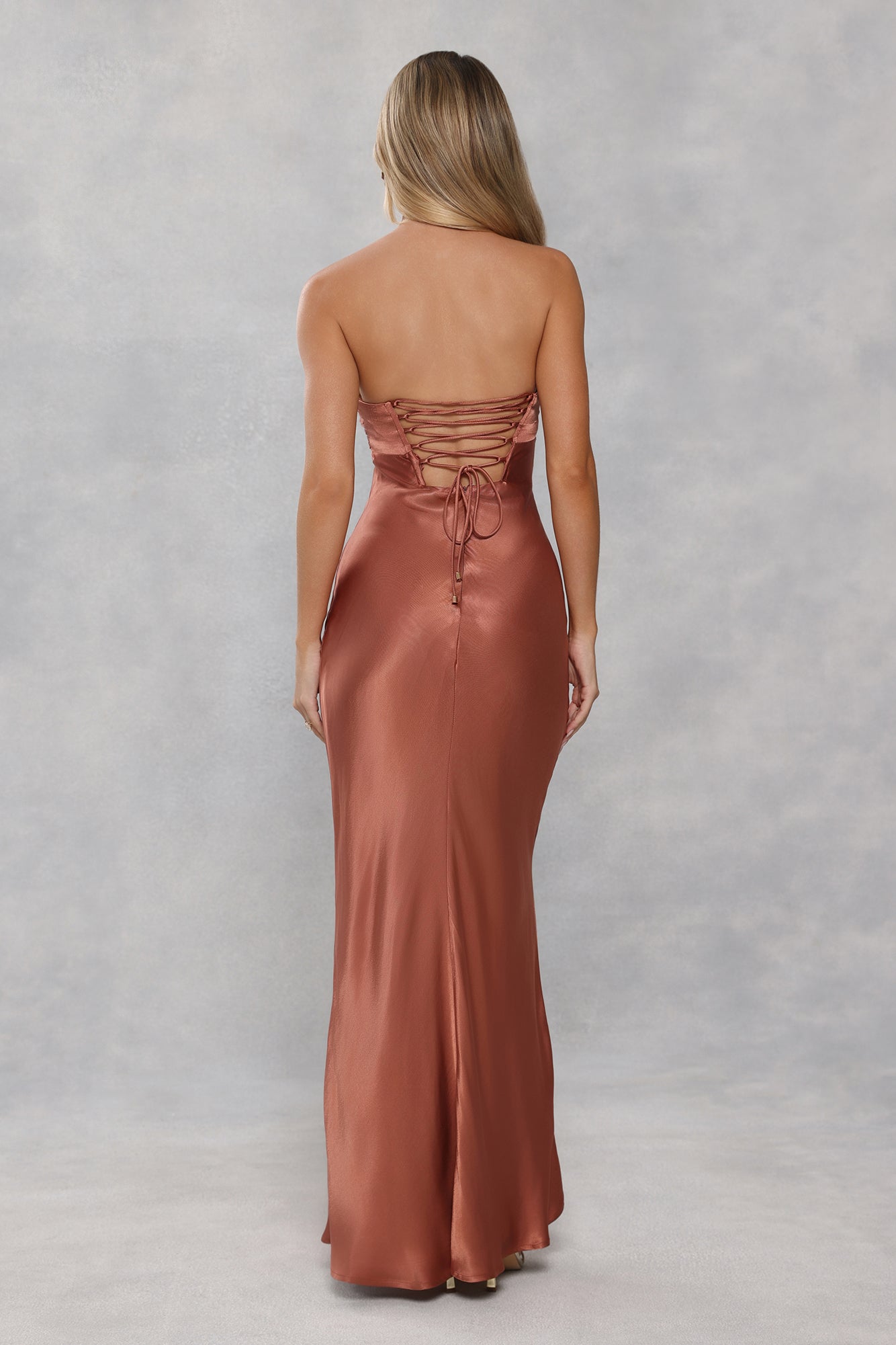 The Seraphina Strapless Satin Maxi Dress Bronze