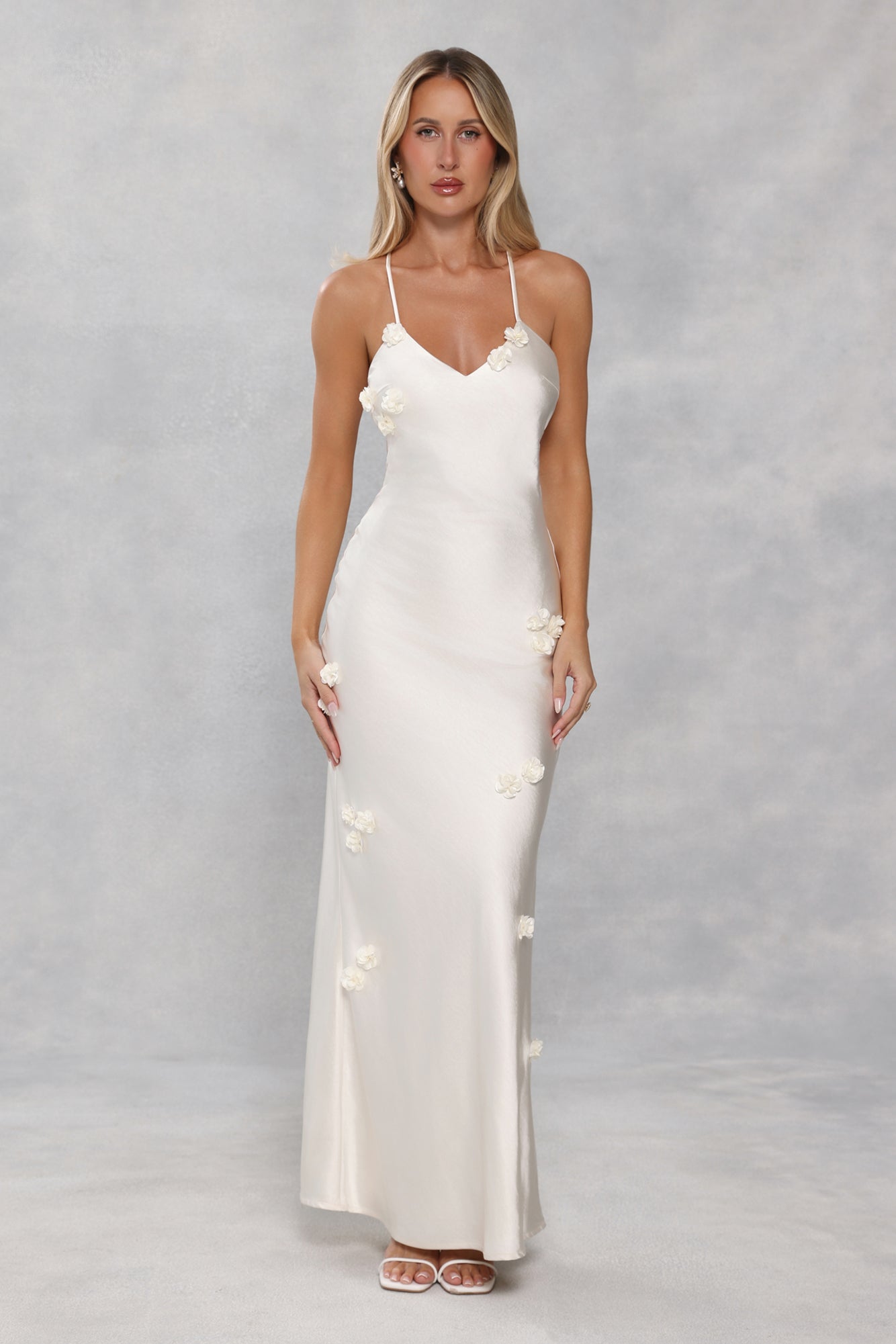 Honeyed Petals Satin Maxi Dress Cream